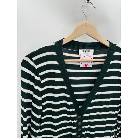 Zenana Green White Striped Button Down V Neck Cardigan Top Womens Small NWT - Picture 4 of 7